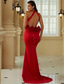 baratos Vestidos Baile Formatura-Vestidos de Baile Sereia  Trompete Vermelho Vestido Convidada Casamento Rastro  Cauda Varredura Sem Manga Gola Halter Com Flores