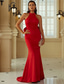baratos Vestidos Baile Formatura-Vestidos de Baile Sereia  Trompete Vermelho Vestido Convidada Casamento Rastro  Cauda Varredura Sem Manga Gola Halter Com Flores