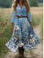 preiswerte Blumenkleider-Damen Boho Kleid Western Kleid Vintage Maxi Kleid Sommerkleid Faltendes Kleid Urlaub Lässig Boho Ausgehen Strand Standard Fit Floral Grafik 3/4 Länge Ärmel V-Ausschnitt Weiß Hellgrün Blau
