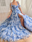 economico Abiti per feste da ballo-Abiti da prom A-Line blu a strati Abiti corsetti Abito semi formale Matrimonio Lunghezza a terra Senza maniche Abito a cuore Organza Stampa floreale Dettagli arricciati con spacco alto Abito per