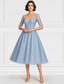 cheap Tea Length-Blue A-Line Mother of the Bride Dress Elegant Vintage Illusion Neck Ankle Length Chiffon Half Sleeve with Sequin Embroidery