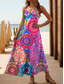 ieftine Rochii boho-Pentru femei Rochie Maxi Rochie A line Rochie Slip Vacanță Casual Boho Plajă Fit regulat Floral Grafic Fără manșon În V Bretele Spagheti Roșu-aprins Albastru piscină Trifoi Vară Primăvară