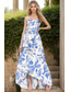 cheap Cocktail Dresses-Blue A-Line Cocktail Dresses Elegant Dress Semi Formal Beach Wedding Floor Length Sleeveless Strapless Satin with Floral Print Ruffles Wedding Guest Dress 2025