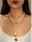 abordables Collar de mujer-Conjunto de collar bohemio de conchas y cuentas en capas para mujer: colgante turquesa estilo playa y dijes dorados para vacaciones de verano y festivales.