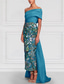 ieftine albastru-Coloană / Teacă Rochii de seara Elegant Rochie Oficial Nuntă Lungime Podea Manșon scurt De Pe Umăr Satin cu Rochie cu fanta Broderie 2025