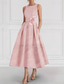cheap Cocktail Dresses-Pink Jacquard Dress 2 Pieces A-Line Cocktail Dresses Elegant Dress Formal Semi Formal Dress Wedding Tea Length Sleeveless Square Neck Stretch Crepe with Jacket 2025