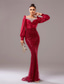 abordables ROJO-Vestido de Noche Sirena  Trompeta Con Corbata Negra Vestido Elegante Invitada de Boda Largo hasta el Suelo Manga Larga Cuello Redondo Con Lentejuelas y Pliegues