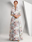 cheap Floor Length-A-Line Mother of the Bride Dress Elegant FLoral Print Queen Anne Floor Length Satin 3/4 Length Sleeve with Race Day Dress Wedding Guest Dress