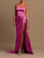 abordables Rose-Robe de Soirée Sirène Haute Fente Invité de Mariage Cocktail Fête Longueur de Sol Sans Manches Col Arrondi Robe de Demoiselle d&#039;Honneur Satin avec Robe Mascarade Froncée