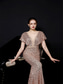 preiswerte Sekt-Meerjungfrauenschnitt Quinceanera-Kleider Elegant Kleid Formell Hochzeit Bodenlang Kurzarm V Ausschnitt Paillettenbesetzt mit Paillette 2025