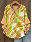 cheap Women&#039;s Floral Tops-Women&#039;s Blouse Layered Ruffle Sleeve Tops Graphic Leaf Abstract Bohemia Vintage Daily 3/4 Length Sleeve V Neck Regular Tops Daily Holiday Vacation Wear Print Yellow Red Blue Purple Green Summer