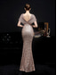 preiswerte Sekt-Meerjungfrauenschnitt Quinceanera-Kleider Elegant Kleid Formell Hochzeit Bodenlang Kurzarm V Ausschnitt Paillettenbesetzt mit Paillette 2025