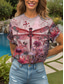 cheap Animals tee-Women&#039;s T Shirt Floral Graphic Dragonfly Vintage Stylish Classic Short Sleeve Crew Neck Round Neck Regular Tops Daily Print Yellow Red Blue Purple Green Summer Spring
