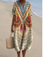 abordables Robes Boho-Femmes Robe Midi Robe d&#039;Été Robe trapèze Vacances Occasionnel Boho Soirée Sortir Plage Fleuri Graphique manche longue Col en V Beige Été Printemps