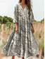 billige Boho-kjoler-dame bomull lin maxikjole sommerkjole plissert kjole ferie avslappet bohem utendørs uteliv strand blomster paisley 3/4 lengde linlignende ermer v-hals grå grønn blå off-white