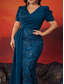 voordelige BLAUW-Zeemeermin  Trompet Plus Size Jurken Elegante Curve Jurk Formele Bruiloft Vloerlengte Korte Mouw V Hals Pailletten met Pailletten 2025