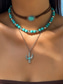 voordelige Dames ketting-Set gelaagde turquoise kralenkettingen voor dames in westernstijl – boho statement sieraden met cactus- en traanvormige bedels, ideaal voor festivals, countryconcerten en vrijetijdskleding