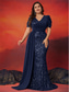voordelige BLAUW-Zeemeermin  Trompet Plus Size Jurken Elegante Curve Jurk Formele Bruiloft Vloerlengte Korte Mouw V Hals Pailletten met Pailletten 2025