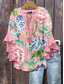 cheap Women&#039;s Floral Tops-Women&#039;s Blouse Floral Graphic Leopard Elegant Bohemia Vintage 3/4 Length Sleeve V Neck Regular Tops Daily Holiday Vacation Wear Ruffle Print Blush Pink Light Green Pink Light Blue Summer Spring Fall