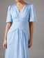 cheap Floor Length-Sky Blue Burnt Out Dots Lace A-Line Mother of the Bride Dress Elegant Simple Wedding Guest Dress V Neck Floor Length Chiffon Lace Short Sleeve with Ruching 2025