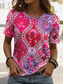 cheap Boho tee-Women&#039;s T Shirt Floral Graphic Geometric Vintage Stylish Classic Short Sleeve Crew Neck Regular Tops Daily Weekend Print Blue Fuchsia Orange Summer Spring