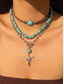 voordelige Dames ketting-Set gelaagde turquoise kralenkettingen voor dames in westernstijl – boho statement sieraden met cactus- en traanvormige bedels, ideaal voor festivals, countryconcerten en vrijetijdskleding