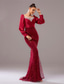 abordables ROJO-Vestido de Noche Sirena  Trompeta Con Corbata Negra Vestido Elegante Invitada de Boda Largo hasta el Suelo Manga Larga Cuello Redondo Con Lentejuelas y Pliegues