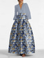 cheap FLORALS-Blue Jacquard Brocade Floral A-Line Evening Gown Dress Formal Wedding Guest Floor Length Long Sleeve V Neck Belt Nylon with Slit Pocket