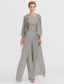cheap Mom&#039;s Jumpsuits-Beach Wedding Jumpsuit/Pantsuit 3 Piece Mother of the Bride  Wedding Guest Elegant Plus Size Square Neck Floor Length Chiffon Corded Lace Sleeveless Wrap Included with Lace Appliques