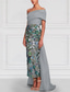 ieftine albastru-Coloană / Teacă Rochii de seara Elegant Rochie Oficial Nuntă Lungime Podea Manșon scurt De Pe Umăr Satin cu Rochie cu fanta Broderie 2025