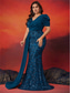 voordelige BLAUW-Zeemeermin  Trompet Plus Size Jurken Elegante Curve Jurk Formele Bruiloft Vloerlengte Korte Mouw V Hals Pailletten met Pailletten 2025
