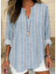 cheap Stripe&amp;Geometric Tops-Women&#039;s Shirt Cotton Linen Shirt Blouse Graphic Striped Daily Hawaiian Business Long Sleeve V Neck Regular Tops Work Daily Holiday Buttons Print Blue Gray Light Blue Summer Spring