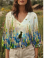 cheap Floral Tops-Women&#039;s Blouse Floral Graphic Cat Stylish Casual 3/4 Length Sleeve V Neck Regular Tops Daily Yellow Blue Purple Summer Spring