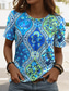 cheap Boho tee-Women&#039;s T Shirt Floral Graphic Geometric Vintage Stylish Classic Short Sleeve Crew Neck Regular Tops Daily Weekend Print Blue Fuchsia Orange Summer Spring