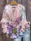 cheap Hawaiian Tops-Women&#039;s Blouse Floral Graphic Paisley Bohemia Vintage Daily Long Sleeve 3/4 Length Sleeve Flutter Sleeve V Neck Regular Tops Daily Holiday Vacation Wear Ruffle Print Pink Blue Beige Gray Summer