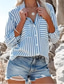 cheap Stripe&amp;Geometric Tops-Women&#039;s Shirt Long Sleeve Button Down Blouse BGeometric Striped Vintage Tropical Stylish Shirt Collar Regular Tops Work Daily Holiday Buttons Pocket Print Blue Summer Spring