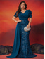 voordelige BLAUW-Zeemeermin  Trompet Plus Size Jurken Elegante Curve Jurk Formele Bruiloft Vloerlengte Korte Mouw V Hals Pailletten met Pailletten 2025
