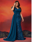 voordelige BLAUW-Zeemeermin  Trompet Plus Size Jurken Elegante Curve Jurk Formele Bruiloft Vloerlengte Korte Mouw V Hals Pailletten met Pailletten 2025