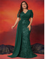 voordelige BLAUW-Zeemeermin  Trompet Plus Size Jurken Elegante Curve Jurk Formele Bruiloft Vloerlengte Korte Mouw V Hals Pailletten met Pailletten 2025