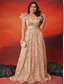 cheap CHAMPAGNE-A-Line Plus Size Dresses Elegant Curve Dress Formal Wedding Floor Length Sleeveless V Neck Lace with Sequin