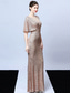 billige champagne-A-linje Quinceanera kjoler elegant kjole formell bryllup gulvlengde kort erm V-hals paljettert med dusker