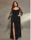 economico NERO-Sirena  Abito da sera a tromba Abito elegante Matrimonio formale Lunghezza del pavimento Maniche lunghe Scollo a cuore Tulle con spacco