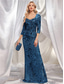 ieftine albastru-Rochii de Quinceanera sirenă  trompetă Rochie elegantă Nuntă formală Lungime la podea Mâneci lungi Decolteu în formă de inimă Cu mărgele cu paiete