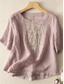 cheap Shirts-Women&#039;s Cotton Linen Shirts Solid Color Elegant Stylish Basic Short Sleeve Crew Neck Regular Tops Daily Embroidered Pink Purple Apricot Summer Spring