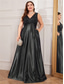 Χαμηλού Κόστους ΜΑΥΡΟΣ-Φόρεμα A-Line Plus Size Επίσημο Φόρεμα με Κύματα Επίσημο Γάμο Μακρύ Μάκρος Χωρίς Μανίκια V Λαιμού Σατέν V Πλάτη με Πτυχώσεις 2025