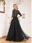 preiswerte Semi-formal / Cocktail-A-Linie Quinceanera Kleider Elegantes Kleid Formal Hochzeit Bodenlänge Halbe Ärmel V-Ausschnitt Tüll mit Pailletten