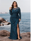 billiga BLÅ-Havfrue  Trumpet Plus Size Klänningar Elegant Curve Klänning Formell Bröllop Golvlängd Långärmad Rundhals Polyester med Slits 2025