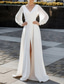 baratos Vestidos de Casamento-Vestidos de Casamento Casuais A-Line Decote V Manga Longa Comprimento Total Crepe Stretch Vestido para Convidada de Casamento Vestidos de Noiva Simples com Cinto de Cintura com Contas