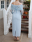 cheap Cocktail Dresses-Blue Sheath / Column Cocktail Dresses Detachable Cape Stretch Crepe Elegant Dress Formal Wedding Tea Length Sleeveless Off Shoulder  with Floral Beading Lace