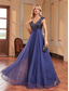 cheap BLUE-A-Line Quinceanera Dresses Elegant Dress Formal Wedding Floor Length Sleeveless V Neck Tulle V Back with Sequin